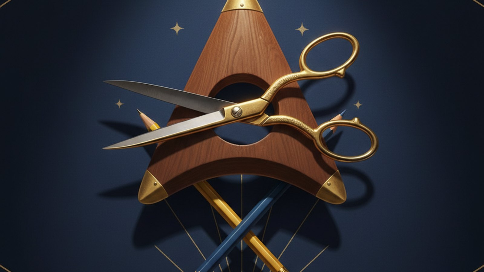 Composición elegante con elementos simbólicos como una plancheta, tijeras y lápices sobre un fondo azul noche y dorado.