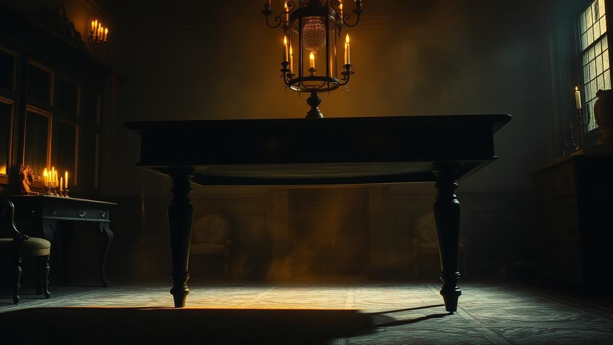 Mesa de madera levitando con las cuatro patas en el aire en un salón victoriano iluminado por velas