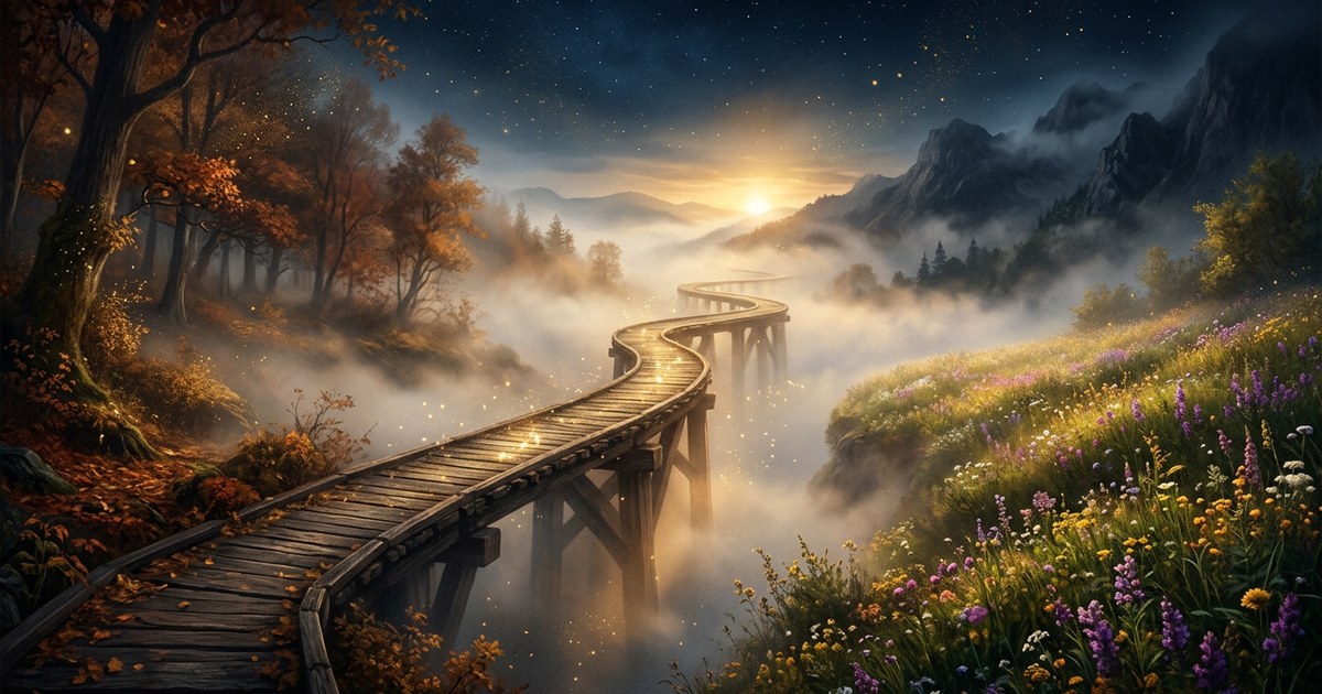 Un puente de madera envuelto en niebla matutina que conecta un paisaje otoñal con un prado lleno de luz solar.