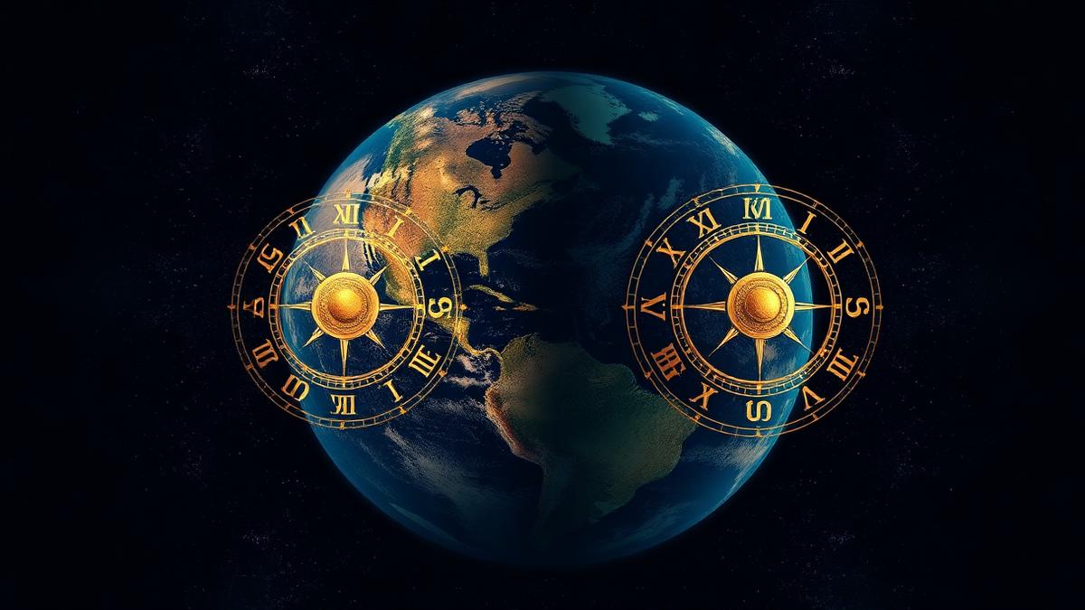 Planeta Tierra con dos ruedas zodiacales doradas enfrentadas sobre los hemisferios norte y sur