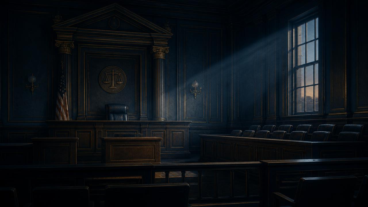 Sala de un tribunal estadounidense vacía al atardecer, con el estrado del juez y el palco del jurado sin ocupar.