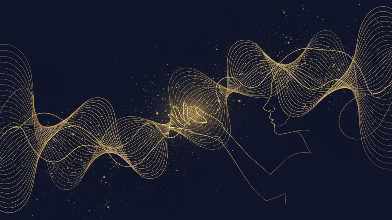 Ilustración editorial en dorado sobre azul noche que representa abstracciones estadísticas y líneas sutiles de la mente y la materia.