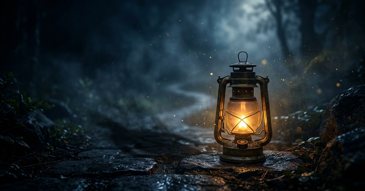 Un farol antiguo iluminando un camino de piedra nocturno mientras una sombra sutil se disipa en la niebla.