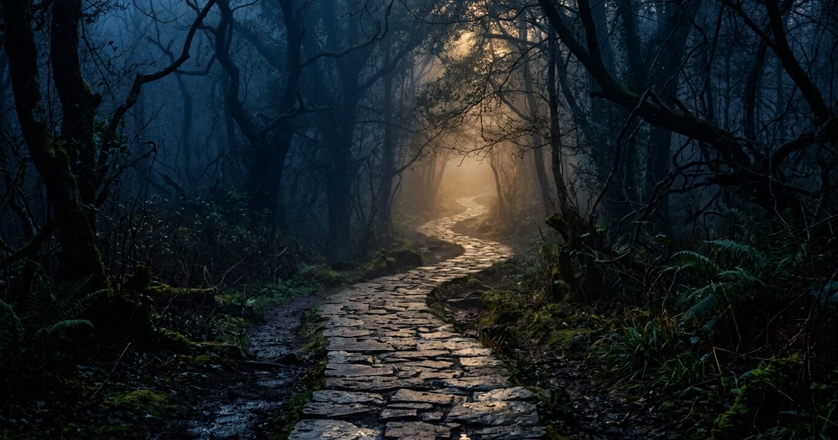 Camino de piedra cubierto de niebla al atardecer con destellos de luz dorada entre los árboles.