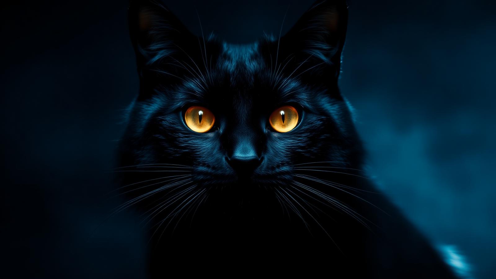 Gato negro de ojos dorados entre neblina azul noche