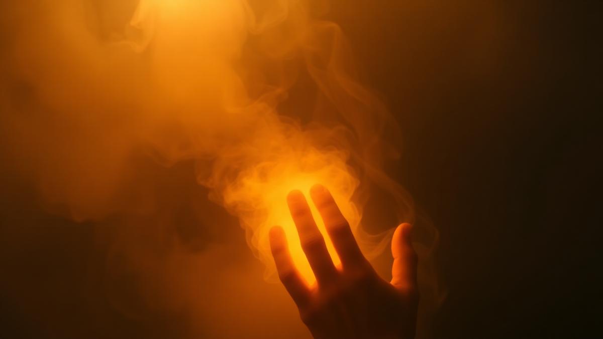 Rostro humano formándose a partir de humo dorado sobre un fondo negro profundo