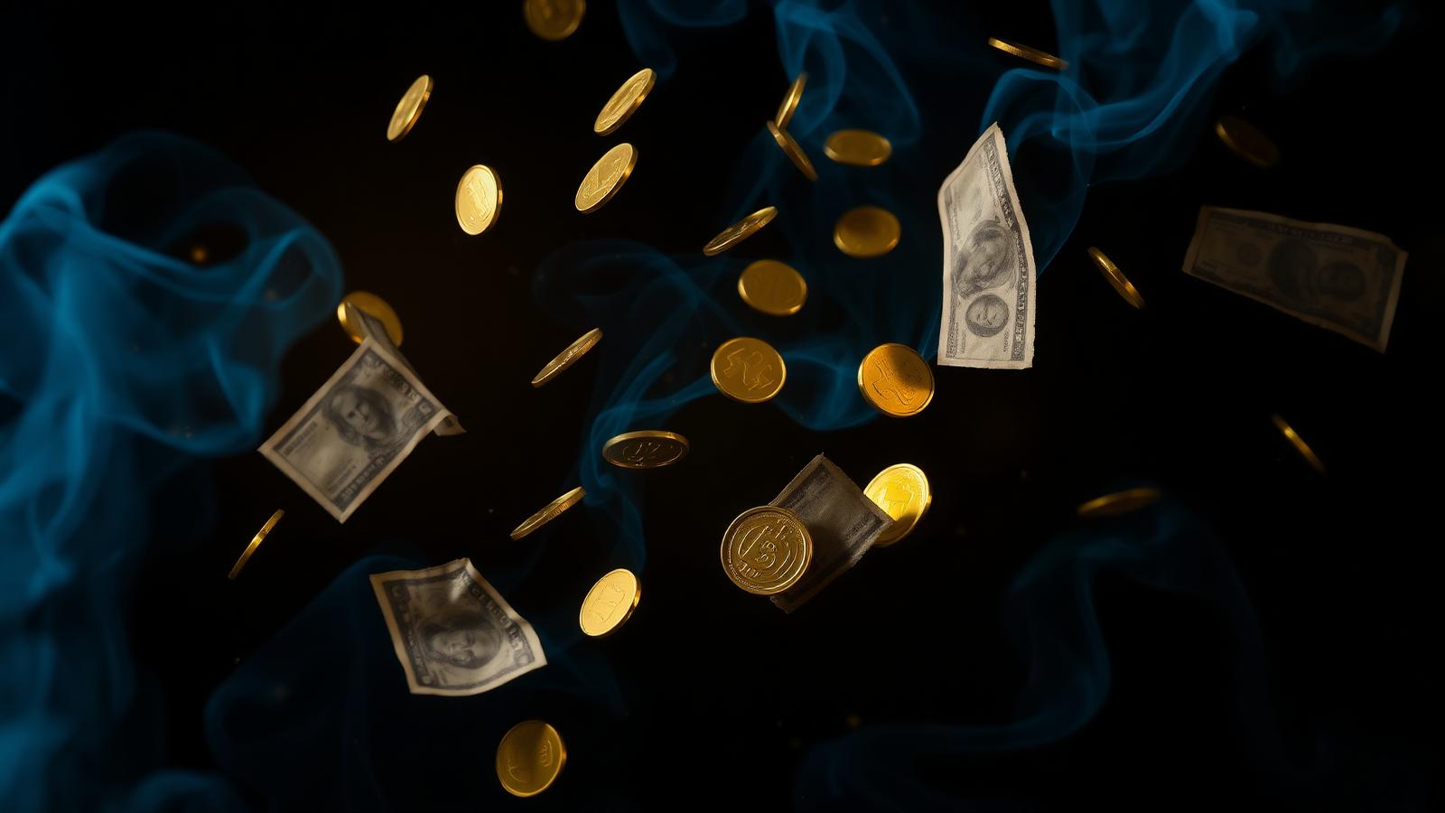 Monedas doradas y billetes cayendo entre humo azul sobre fondo negro