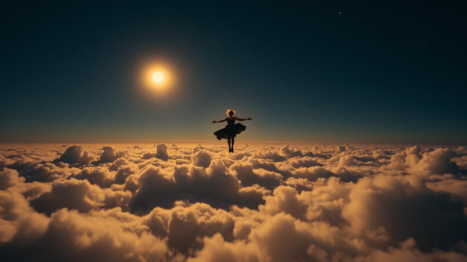 Persona flotando sobre un mar de nubes bajo la luna dorada