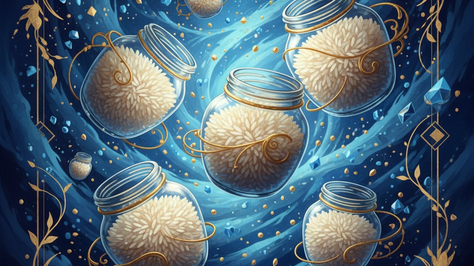 Ilustración editorial de frascos de cristal con granos de arroz y destellos dorados sobre un fondo azul noche.
