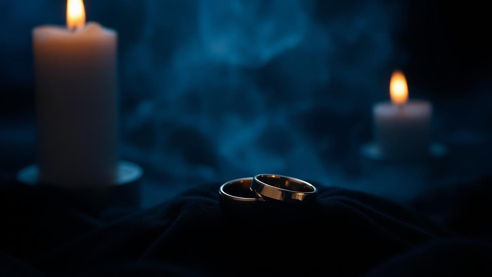 Dos anillos dorados sobre terciopelo oscuro con velas encendidas