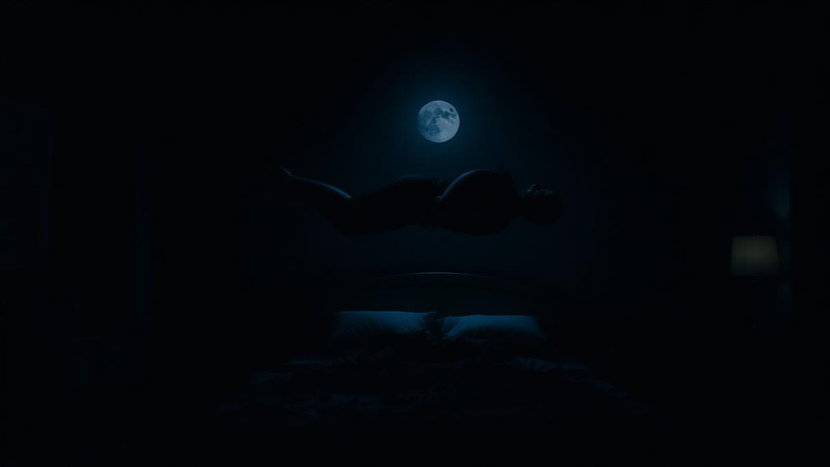 Cuerpo rígido levitando en horizontal sobre una cama en un dormitorio oscuro iluminado por la luna