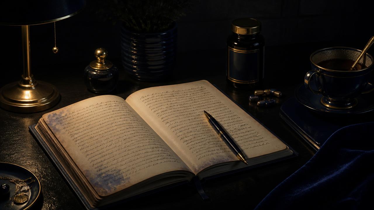 Diario manuscrito abierto sobre una mesa oscura junto a un frasco de medicamentos y una taza fría.