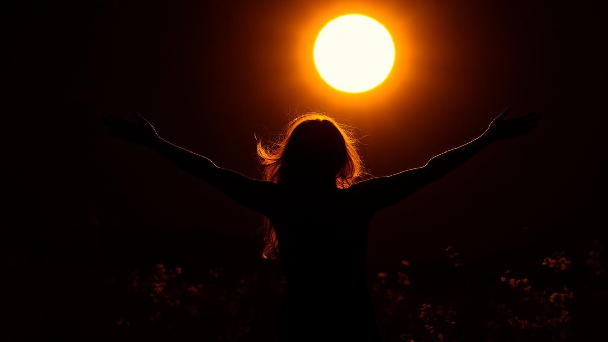 Silueta con los brazos abiertos frente a un sol dorado intenso entre flores