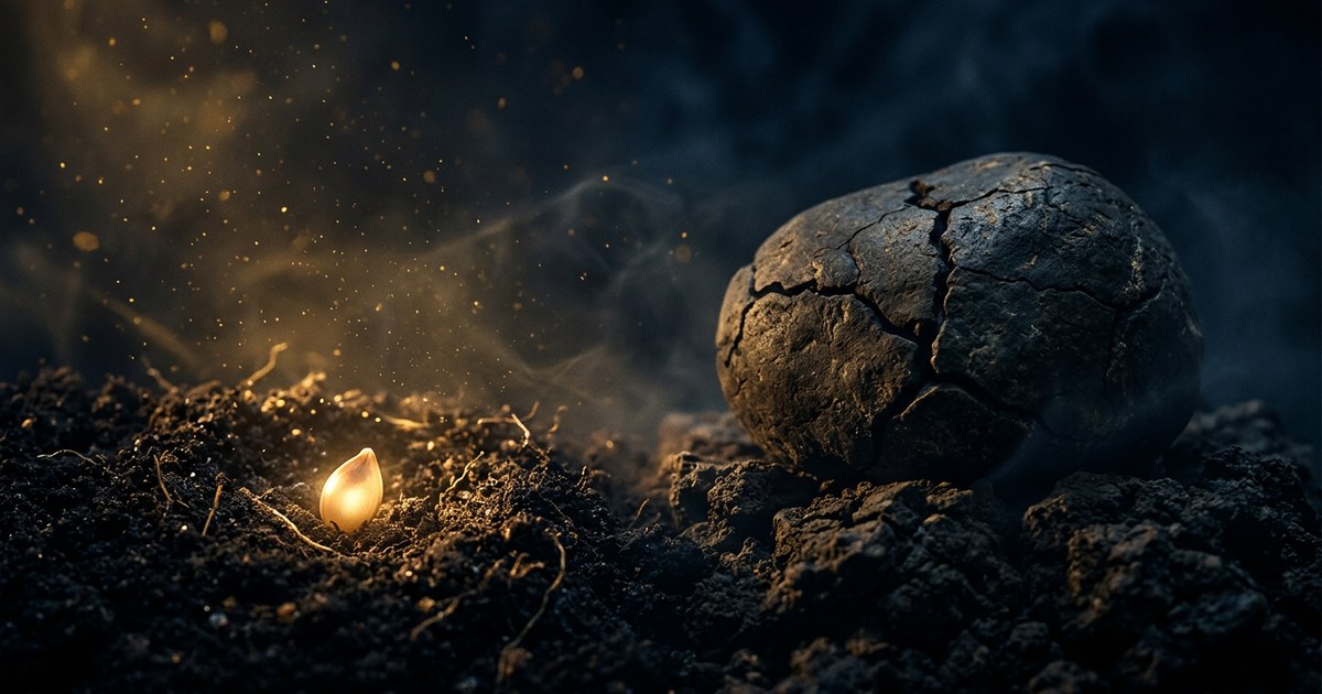 Composición simbólica con una semilla luminosa en la tierra oscura frente a una piedra pesada sobre fondo sobrio.
