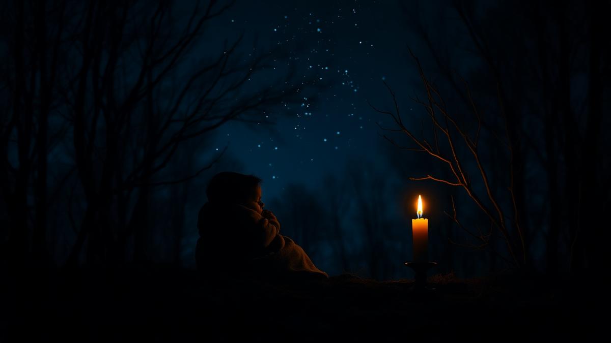 Figura abrigada junto a una vela encendida en un bosque nocturno de invierno bajo estrellas