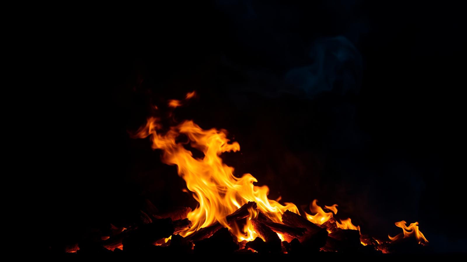 Llamas doradas ardiendo en la oscuridad con humo azul