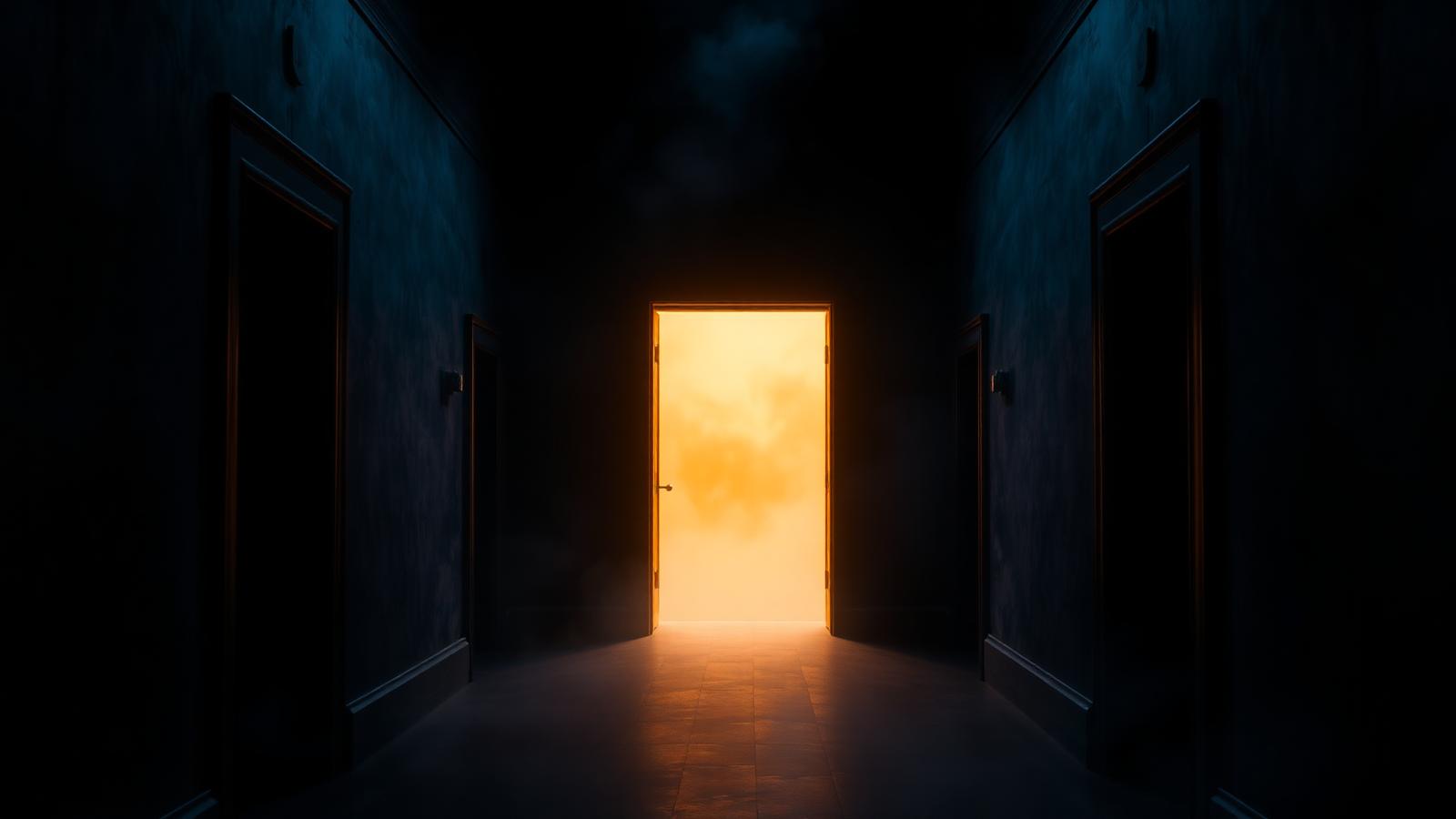 Puerta abierta con luz dorada al final de un corredor oscuro