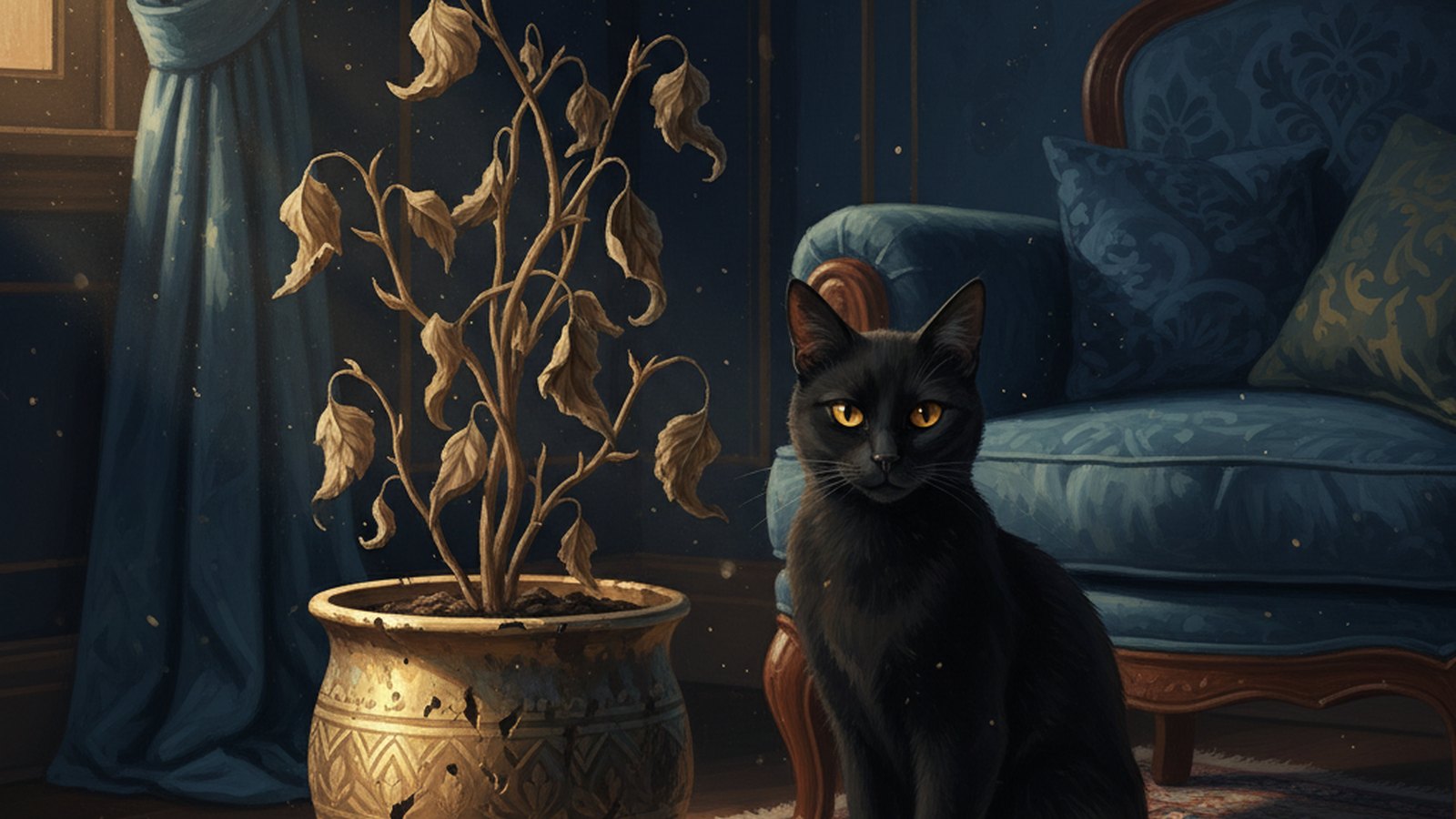 Ilustración de una planta marchita y un gato en un ambiente nocturno iluminado por tonos dorados y azul noche.