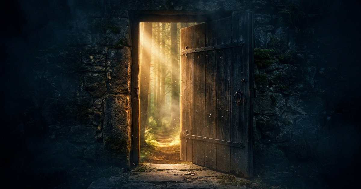 Una puerta de madera entreabierta en un muro de piedra rodeado de neblina y luz dorada.