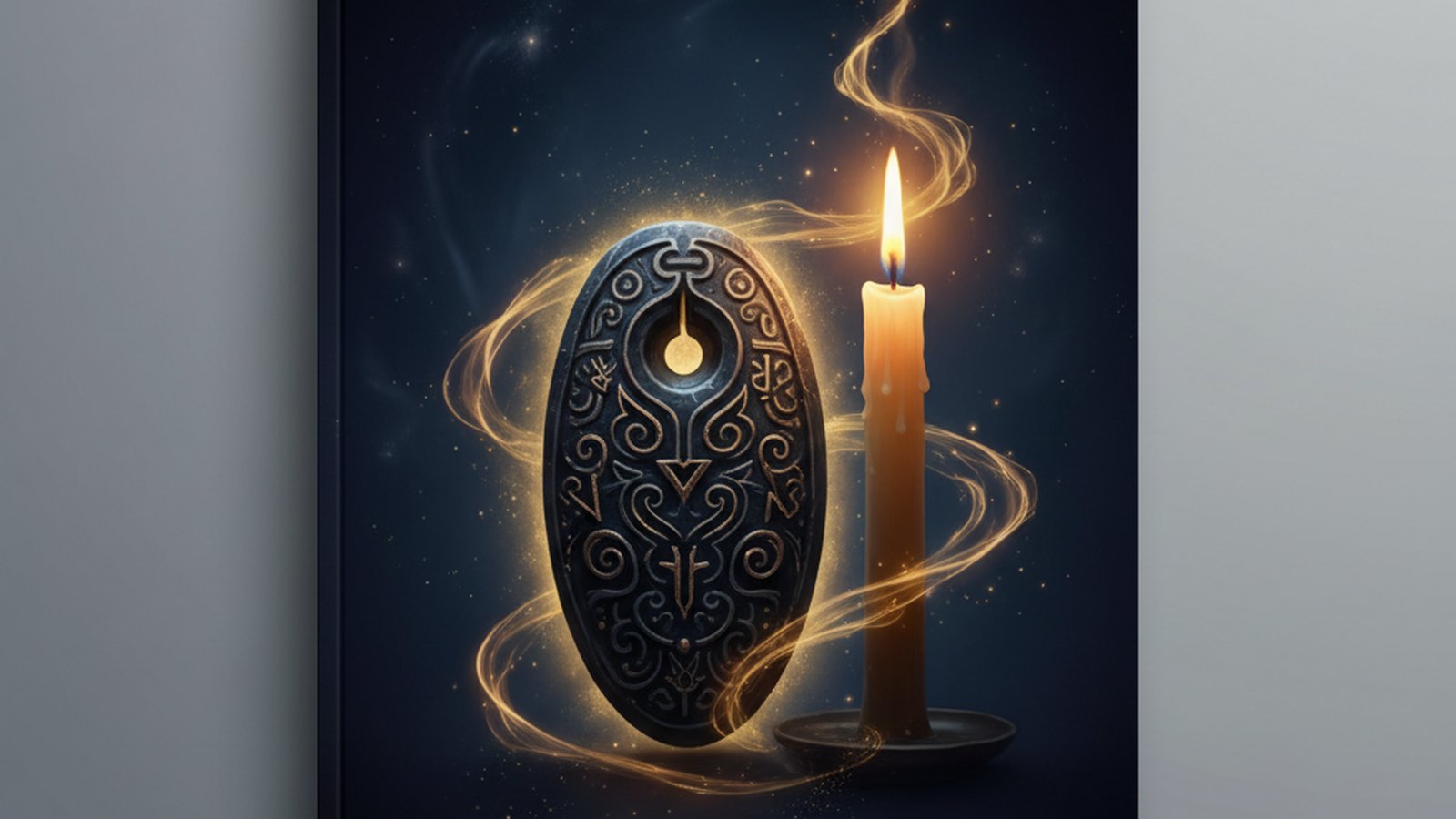 Ilustración editorial de un amuleto y una vela ritual con destellos dorados sobre fondo azul noche.