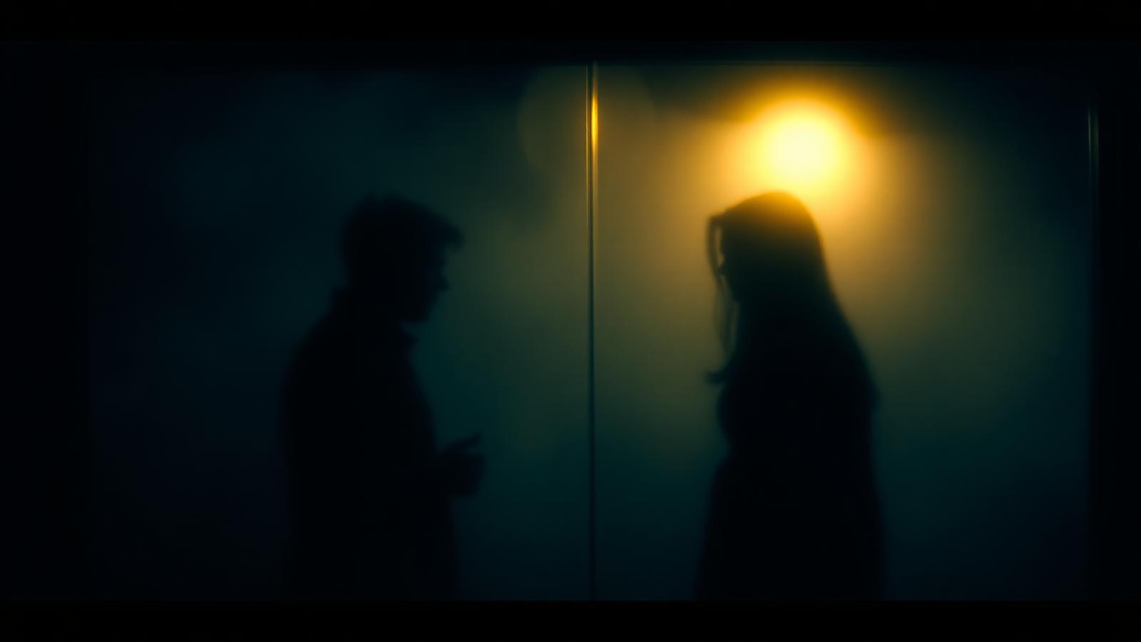 Dos siluetas separadas por un vidrio empañado bajo luz dorada nocturna