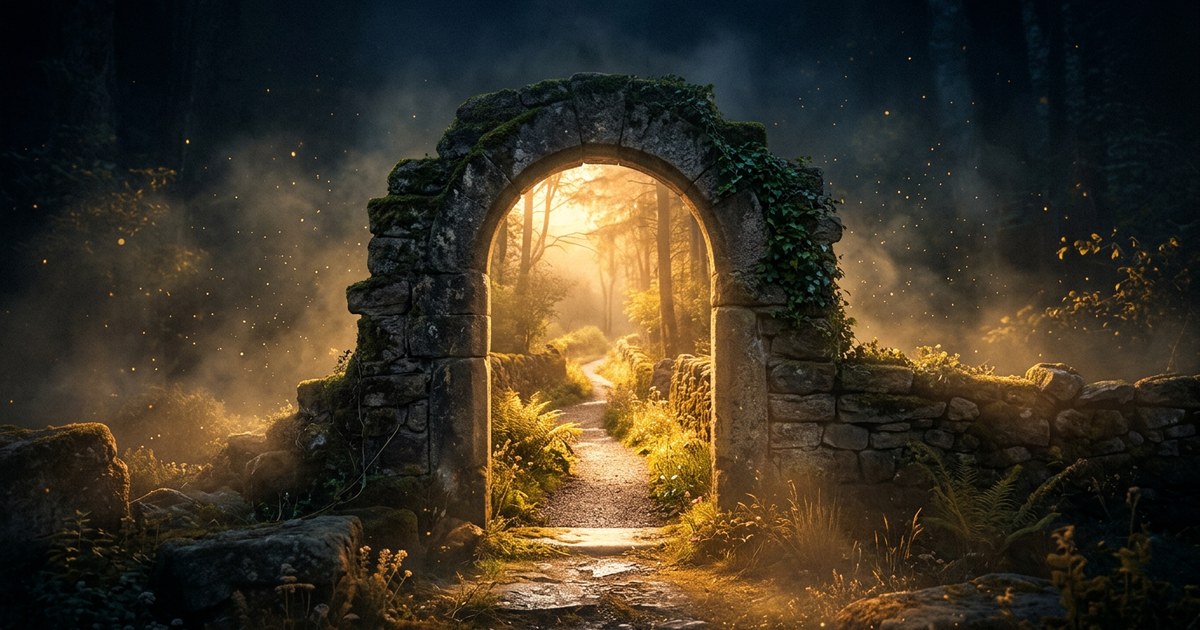 Un umbral de piedra antiguo abierto hacia un camino iluminado por la luz dorada del amanecer.