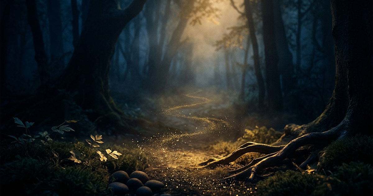Un sendero sereno entre la bruma del bosque al atardecer, donde la luz dorada disipa suavemente las sombras.