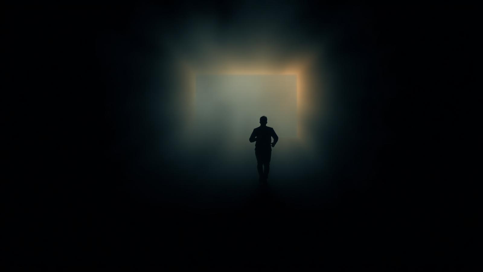 Silueta corriendo por un pasillo de niebla con luz dorada al fondo