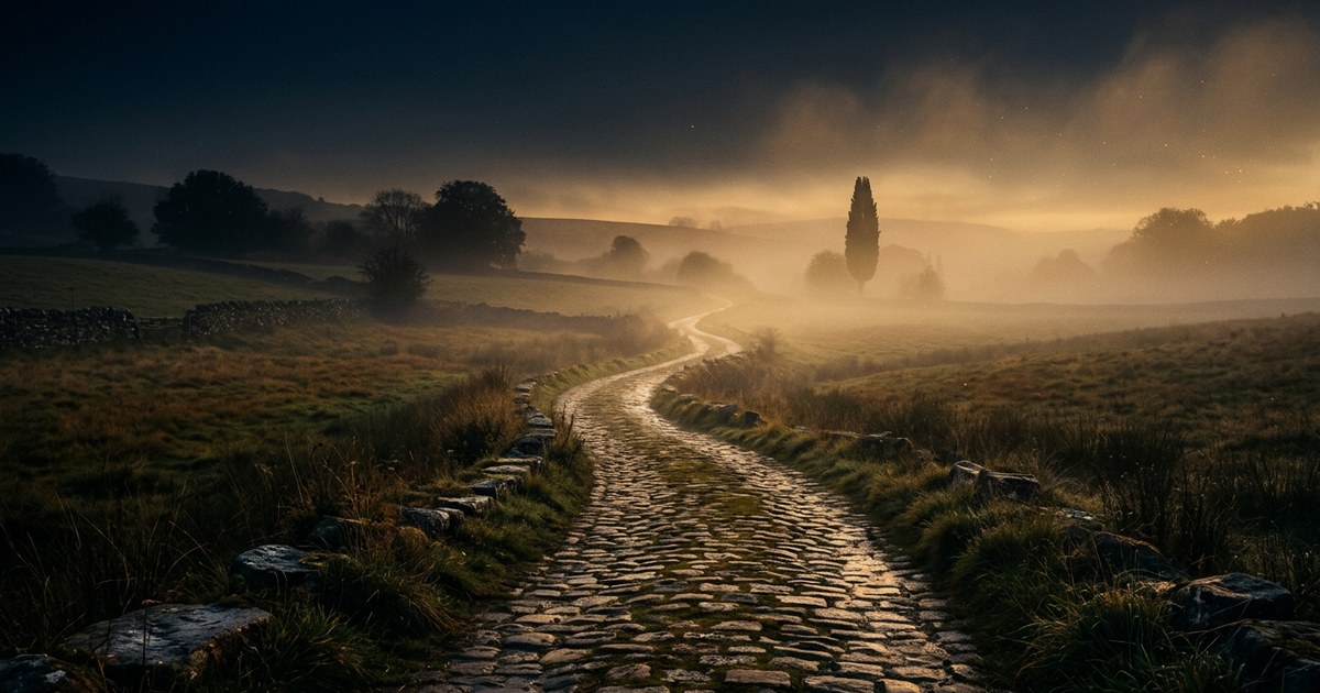 Un camino de piedra que se disuelve pacíficamente en una niebla serena bajo la luz del amanecer.