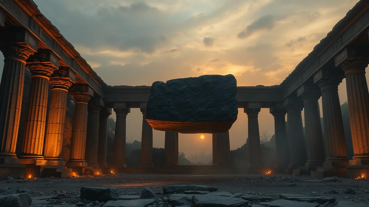 Figura de asceta antiguo levitando en posición de loto ante columnas de piedra doradas
