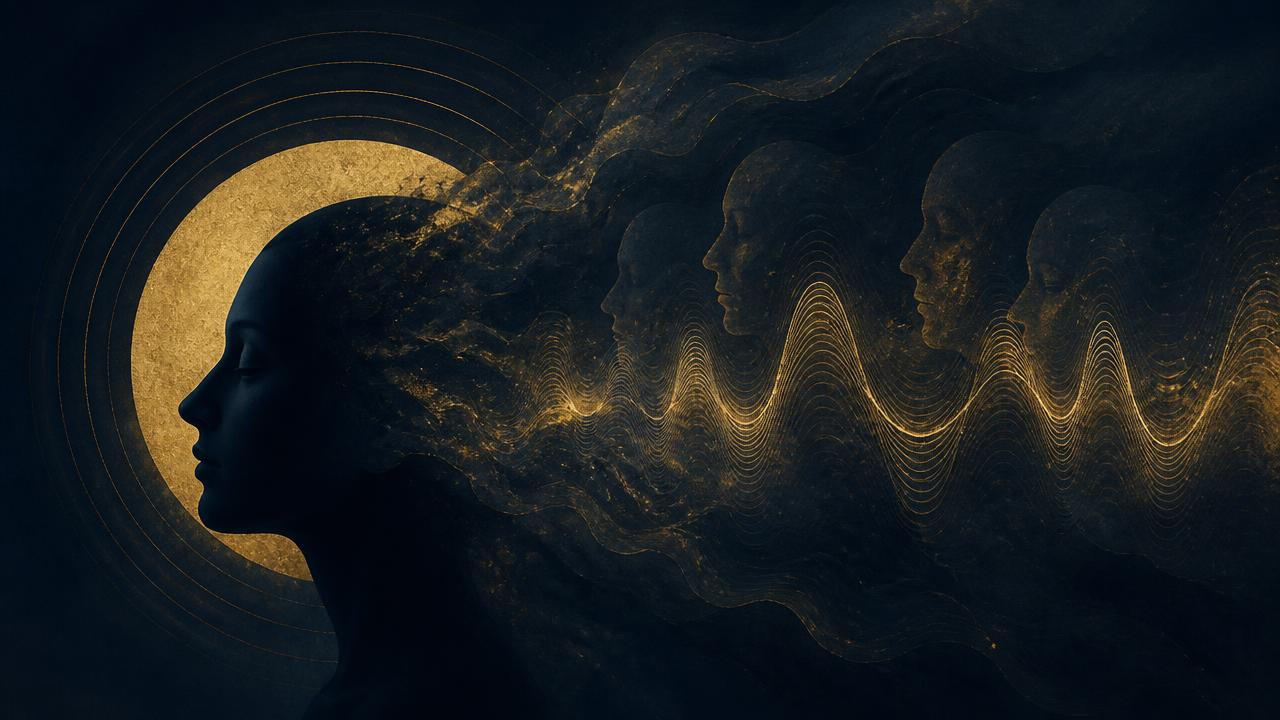 Silueta de un rostro humano que se disuelve en ondas doradas, evocando una voz interior.