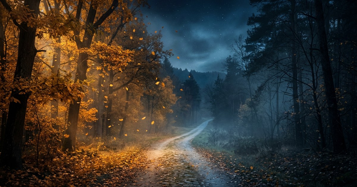 Camino sereno dividiendo un bosque envuelto en luz dorada y niebla suave, simbolizando la integración de los opuestos.