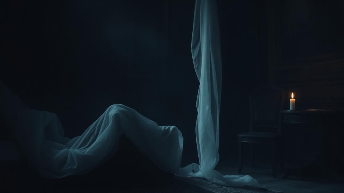 Sustancia blanquecina y vaporosa emergiendo entre sombras en una sala de sesión espiritista