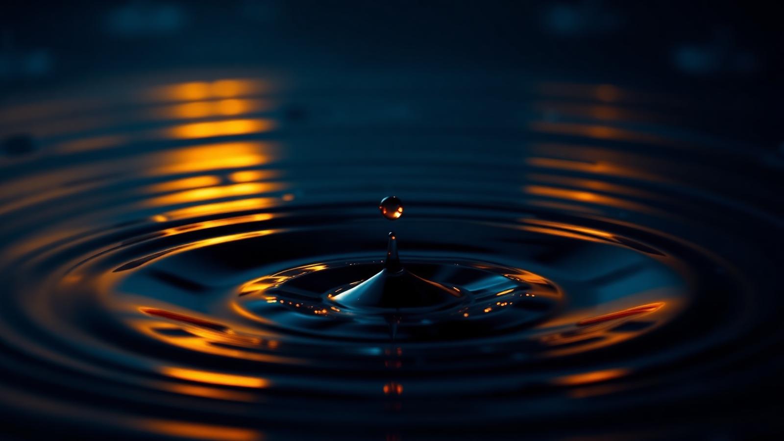 Gota roja cayendo en agua oscura con reflejos dorados