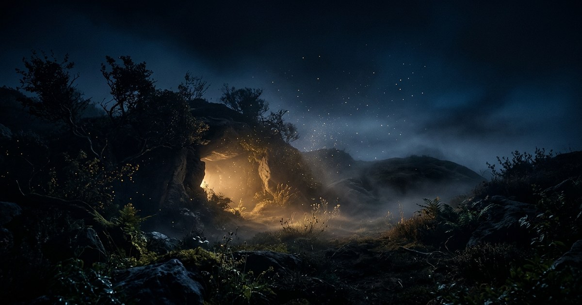 Paisaje nocturno envuelto en bruma tenue con un suave resplandor dorado emergiendo de entre las sombras.