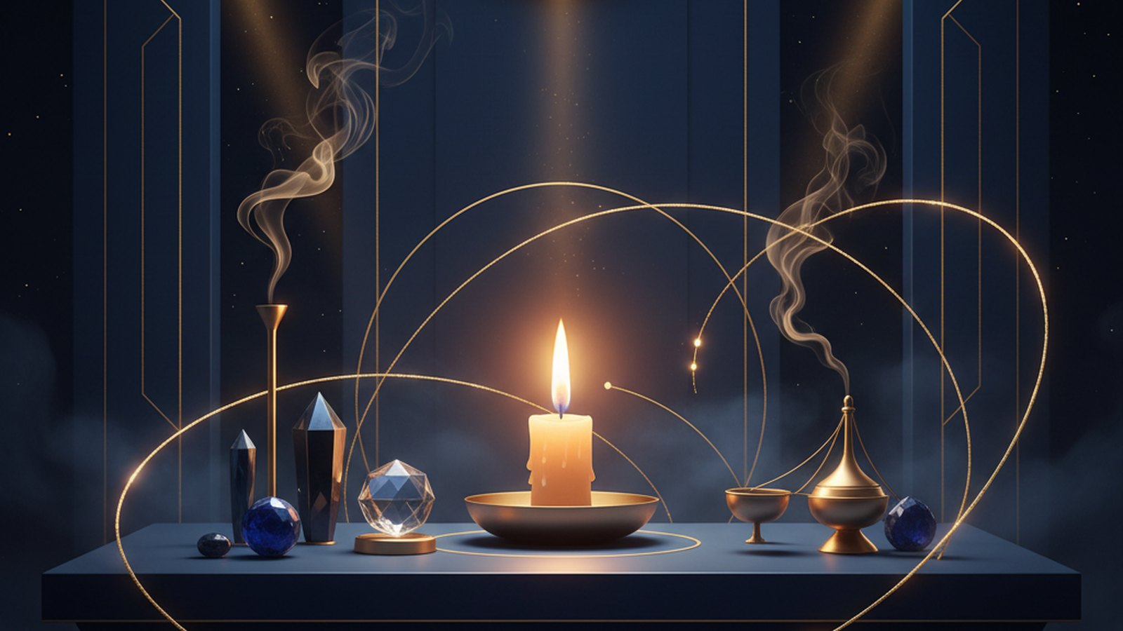Ilustración editorial en azul noche y dorado que representa un altar ritual como sistema sensible a la intención.