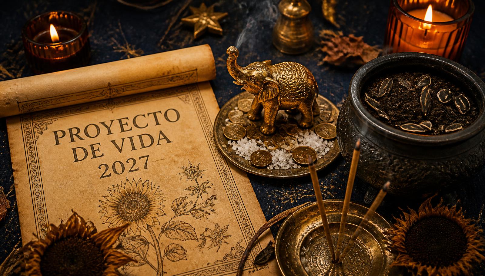 Altar otoñal con pergamino del Proyecto de Vida 2027, elefante dorado sobre monedas con sal, maceta con tierra negra, semillas de girasol, inciensos y velas