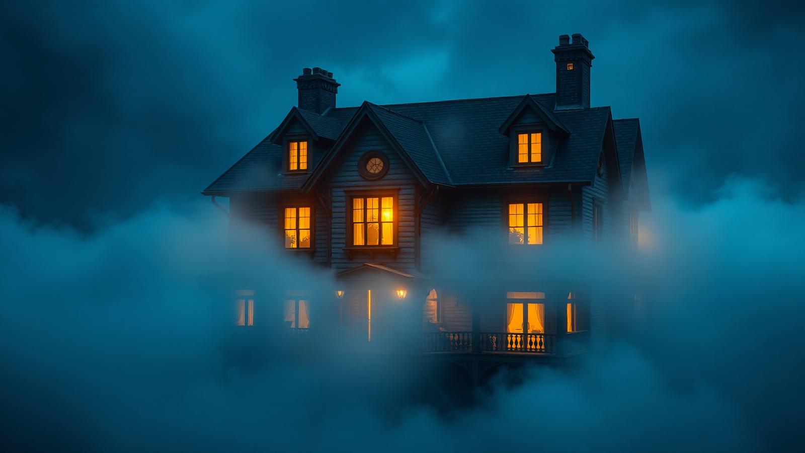 Casa antigua con ventanas doradas encendidas entre niebla azul