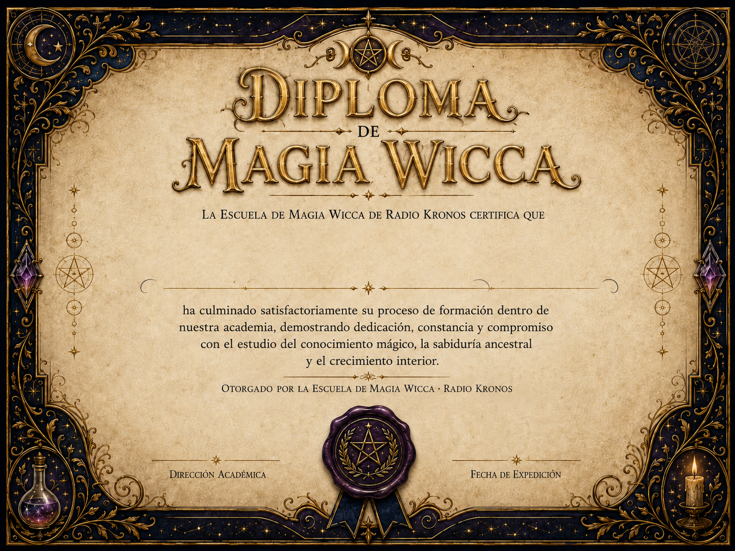 Diploma de Magia Wicca otorgado por la Escuela de Magia Wicca de Radio Kronos