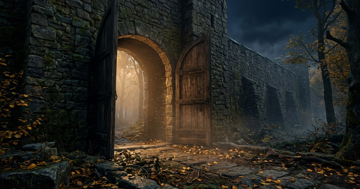 Una gran muralla de piedra antigua con un portal de madera abierto rodeado de neblina y luz dorada.