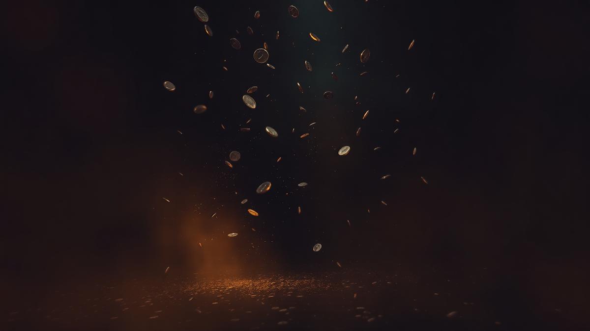 Monedas antiguas y piedras cayendo desde el techo en una habitación cerrada iluminada de dorado