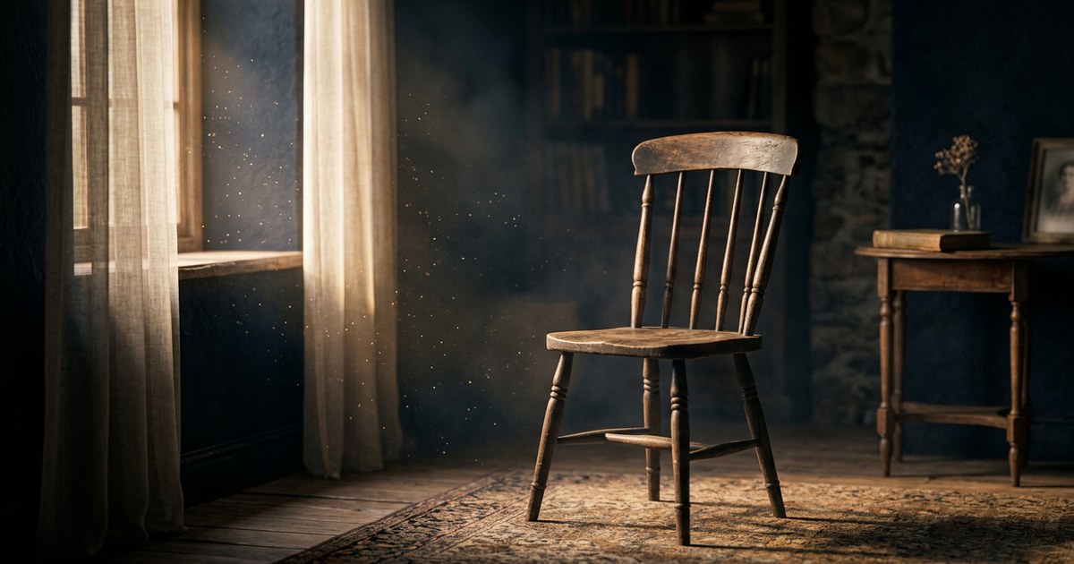 Silla de madera vacía iluminada por una luz tenue en una habitación serena y silenciosa.