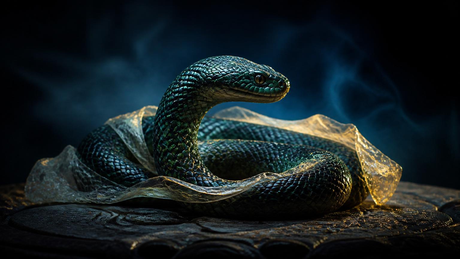 Serpiente dorada entre sombras en un sueño místico