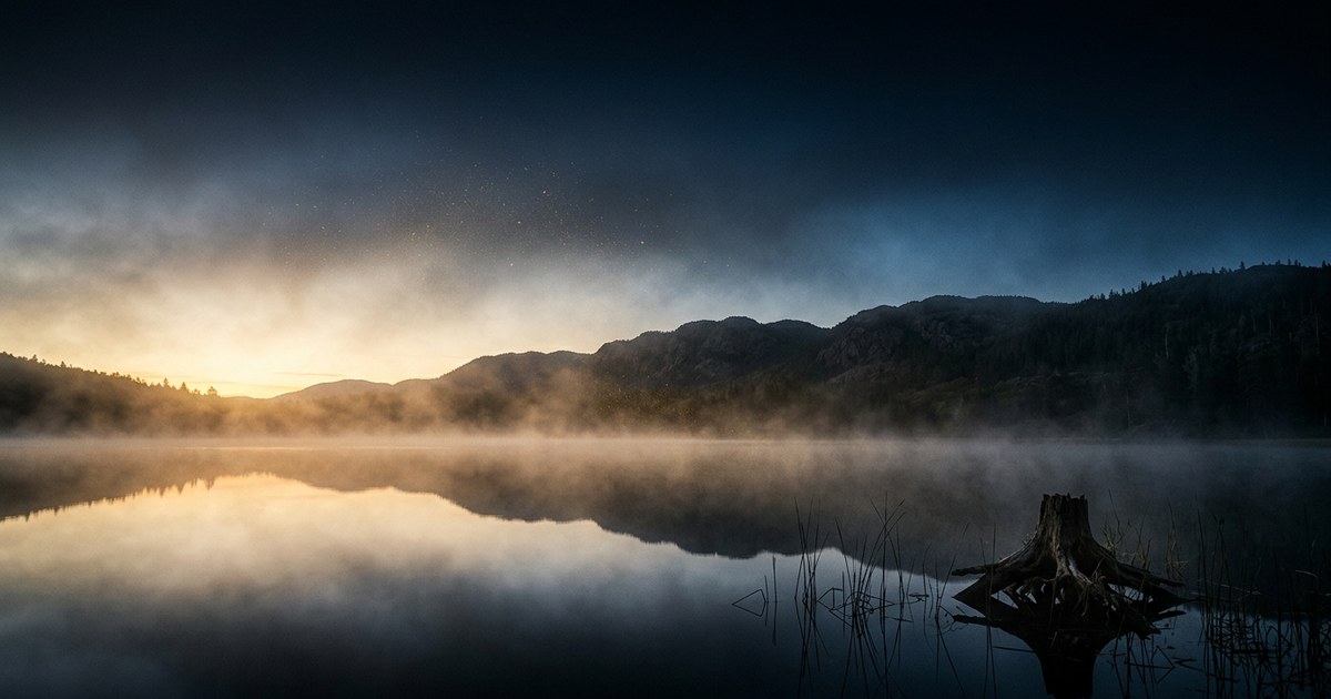 Paisaje sereno con niebla sobre aguas tranquilas en la penumbra del amanecer.
