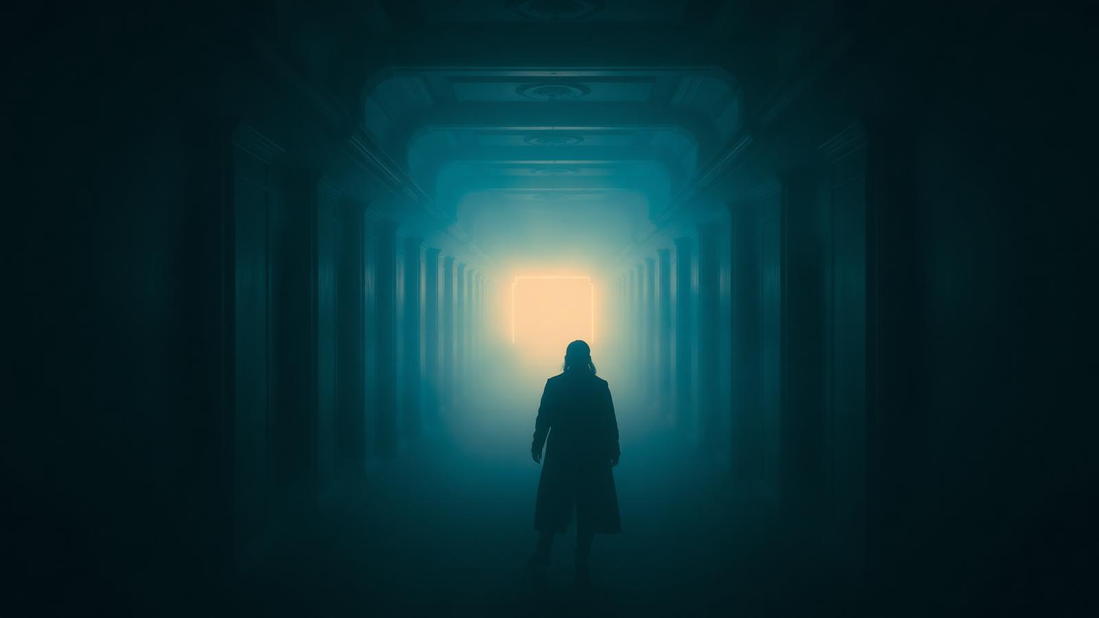 Persona perdida en un corredor con niebla y una salida dorada al fondo