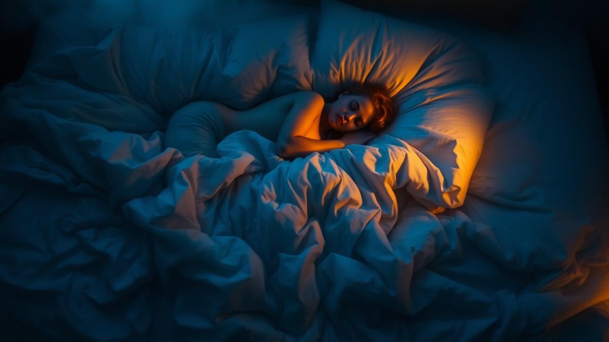 Persona dormida flotando sobre las sábanas de una cama en una habitación azulada por la luz de la luna