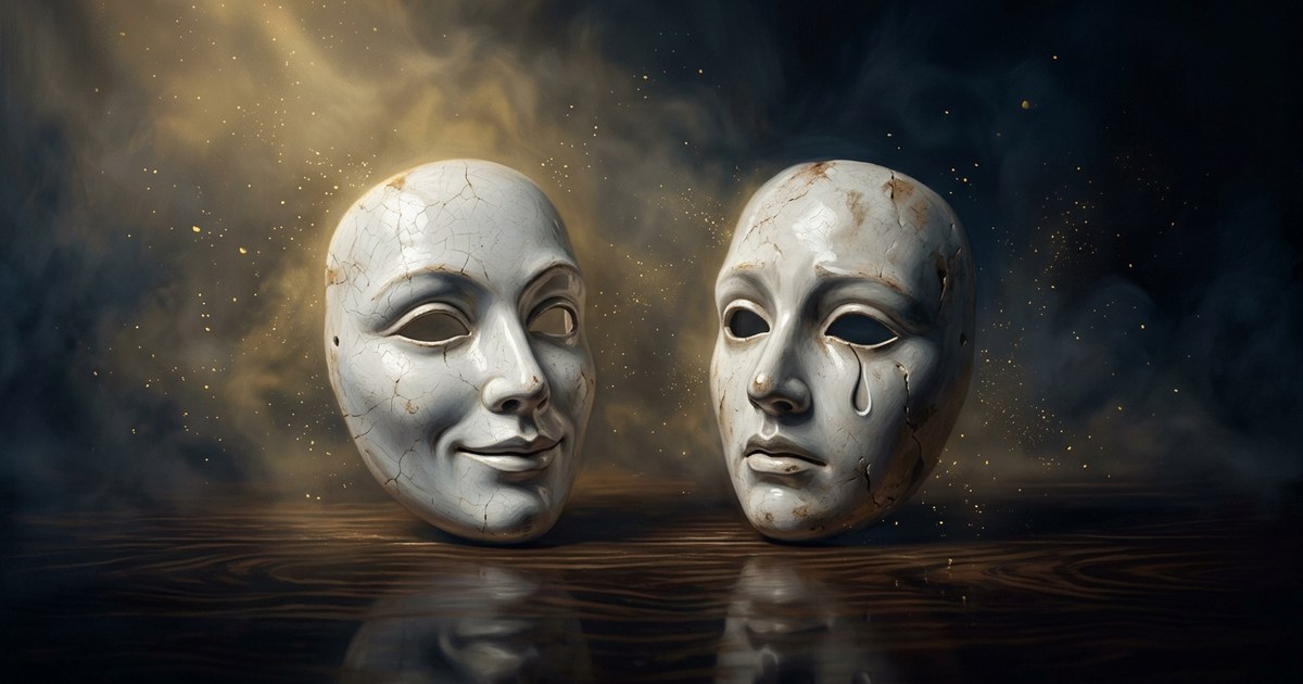 Dos máscaras de porcelana sobre una superficie oscura con reflejos, representando la sonrisa y el llanto fingidos.