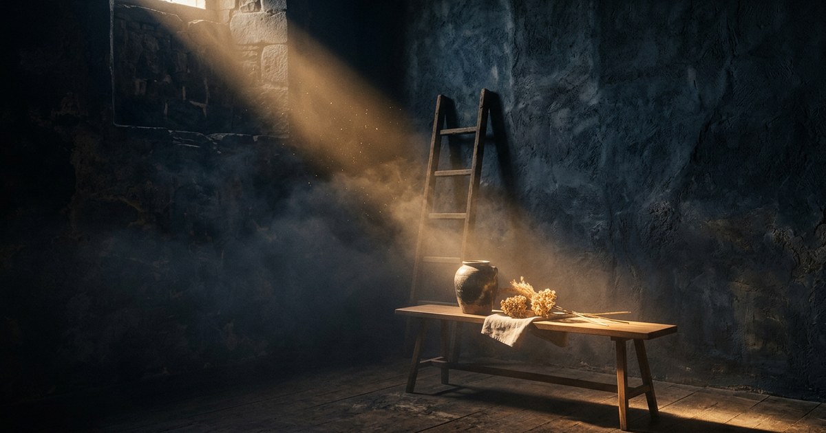 Habitación silenciosa e iluminada por una luz natural tenue, representando la serenidad del retiro interior y la transformación.