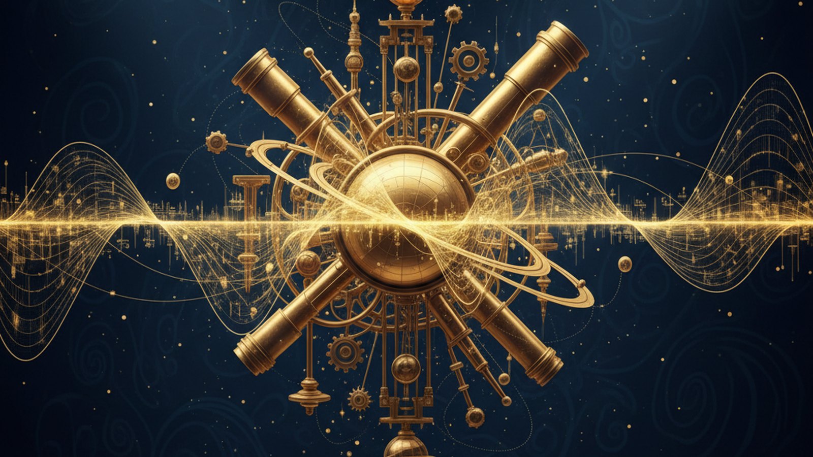 Ilustración editorial en azul noche y dorado que representa la interacción entre la conciencia y la probabilidad estadística.