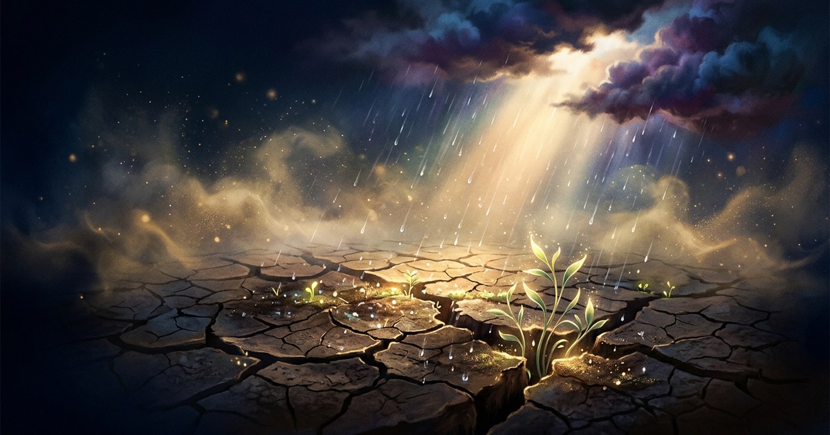 Tierra agrietada recibiendo gotas de lluvia suave bajo un rayo de luz dorada, simbolizando la sanación del alma.